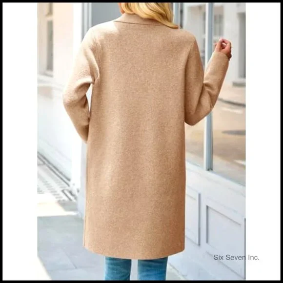 Chunky Knit Cardigan Coatigan Open Front Lapel Collar Casual Elegant Sweater - Picture 5 of 6